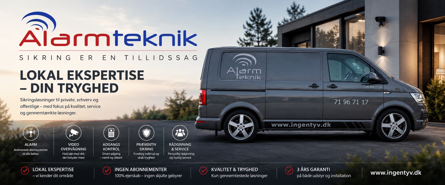 Alarmtekniks servicevogn foran et moderne hus. Lokal ekspertise – din tryghed. Alarm, videoovervågning, adgangskontrol, præventiv sikring, rådgivning og service. ingentyv.dk · 71 96 71 17.